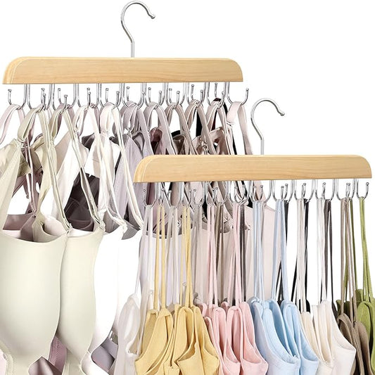 2 Pack Bra Hangers for Closet Organizer, Round Rectangle Bra Organizer with 40 Stainless Steel Hooks, Wooden Tank Top Hanger, Closet Organizers and Storage for Bras Camis Belts Ties, Natural