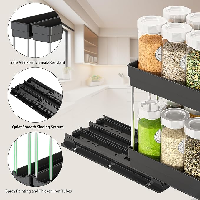 2 Pack Pull Out Spice Rack Organizer for Cabinet, Slide Out Seasoning Kitchen Organizer, Heavy Duty Spice Cabinet Organizers with Labels for Kitchen Pantry, 5.3" W x10.7 D x10 H, 4 Drawers, 2-Tier