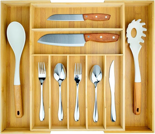 Expandable Drawer Organizer for Silverware Flatware Knives, Kitchen Utensil Organizer, Utensil Holder, Bamboo Wood Cutlery Tray in Drawer for Spoons Forks