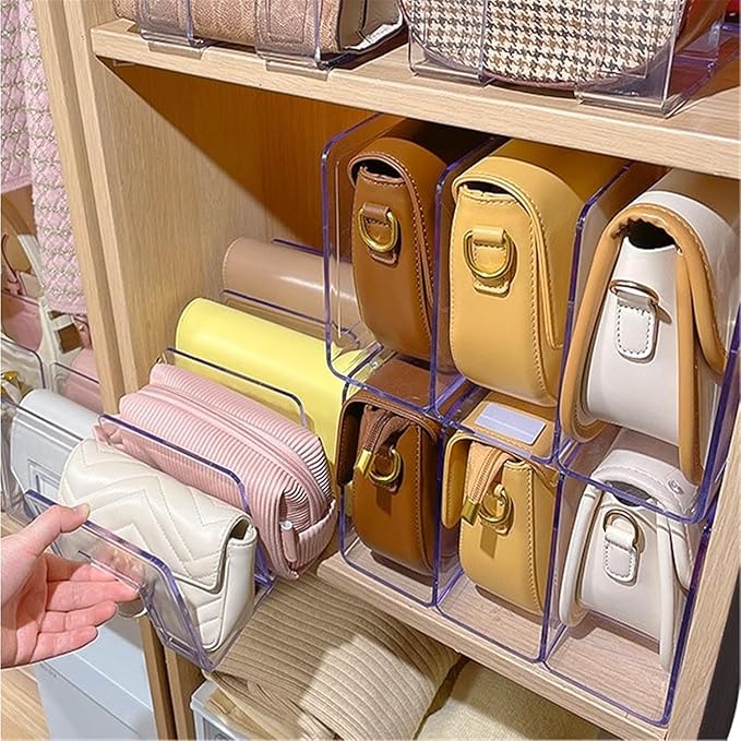 YAGELI Clear Acrylic Purse/Handbag Organizer - 4 Sections Divider for Closet Storage - Sturdy Organizer Rack for Purses, Handbags, and Clutches(4Pack-4Sections)