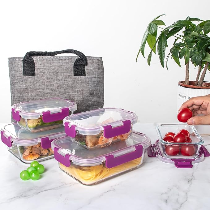 C CREST 10 Pack Meal Prep Glass Containers with Locking Lids - 5x 32oz + 5x 12oz - Ideal for Food Storage