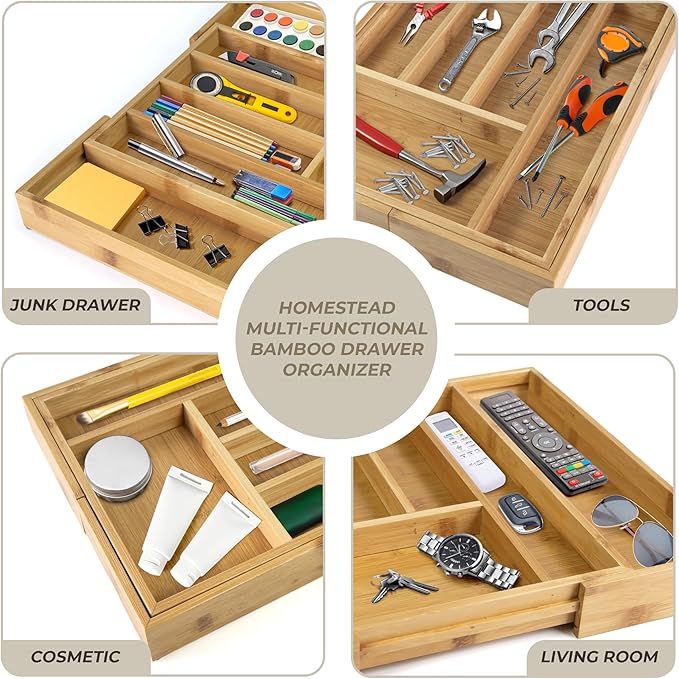 HOMESTEAD Nature Bamboo Drawer Organizer - Silverware Drawer Organizer, Expandable Drawer, Spoon and Fork Organizer for Kitchen & Versatile in Bedroom, Office, Cosmetics
