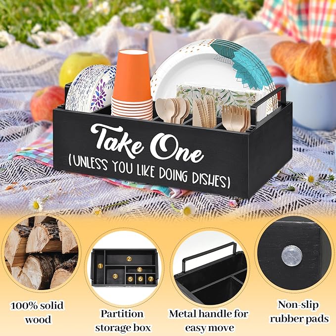 Lzhevsk Paper Plate Holders Silverware Caddy for Countertop, Kitchen Utensil Holder Organizer for Plates, Cutlery, Cups, Fork, Spoon, Wood Utensil Caddy Paper Plates Dispenser for Party Picnic BBQ