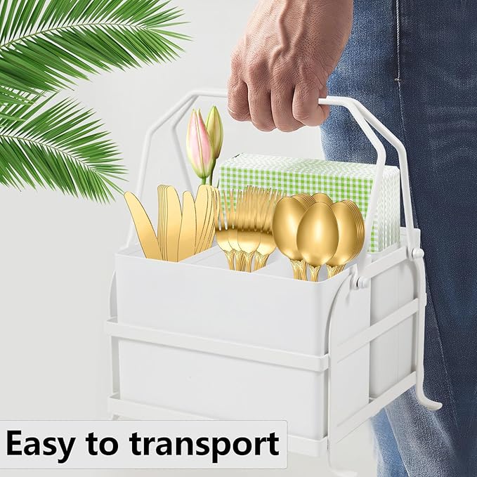 Silverware Caddy Utensil Holder With Handle,Outdoor Silverware Holder Picnic Caddy and Camping Utensil Organizer, Flatware Holder for Party Gatherings, Metal -White