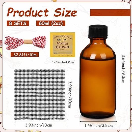 Uiifan 8 Pcs Vanilla Extract Bottles Amber Glass Jars with Caps Boston Round Bottles with 8 Pcs Vanilla Extract Labels Stickers for Syrup Gift Glass Food Storage Canister Set Sauce Beans(2 oz)