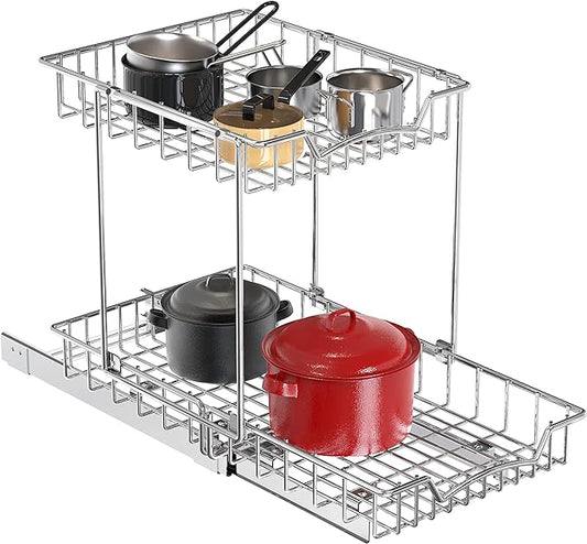 Simple Houseware 2-Tier (L+L) Organizer Pull Out Under Cabinet Sliding Shelf, Chrome