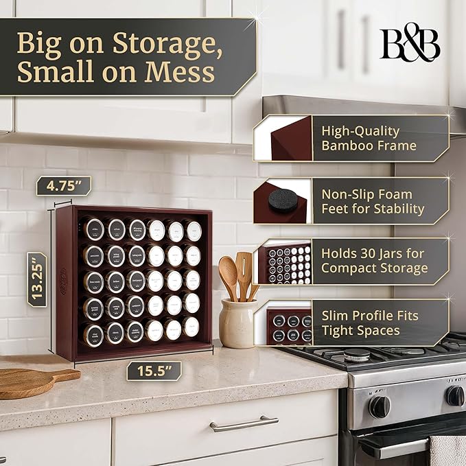 BOURBON & BARREL Wooden Spice Rack Organizer with Glass Jars | Stainless Steel Lids | Bamboo Countertop Spice Organization | 350 Waterproof Spice Labels | 2 Chalk Markers | 30 4oz Jars [Cherry]