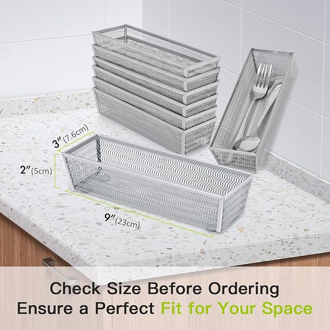 Silverware Organizer,Mesh Drawer Organizer for Kitchen，Metal Utensil Organizer for Flatware, Knives, Spoons,Cosmetic (Silver 9 * 3 * 2 inch Pack6)