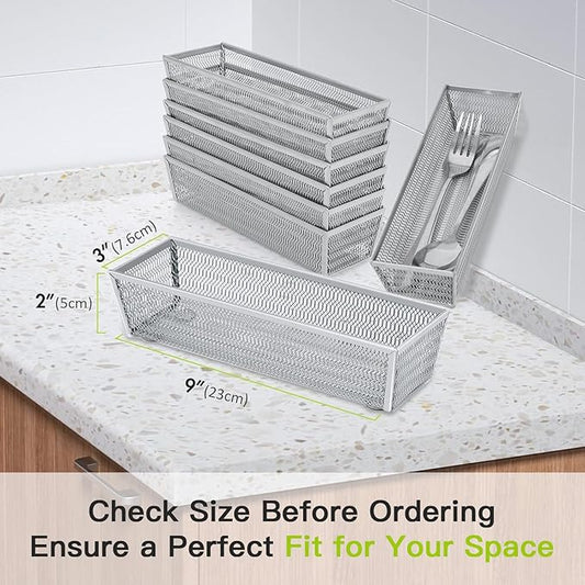 Silverware Organizer,Mesh Drawer Organizer for Kitchen，Metal Utensil Organizer for Flatware, Knives, Spoons,Cosmetic (Silver 9 * 3 * 2 inch Pack6)