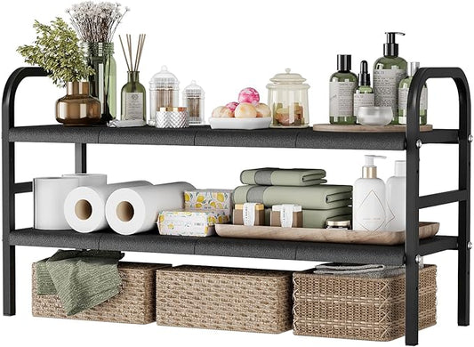 SUNZOS Under Sink Organizers, 2 Tier Expandable Cabinet Shelf Organizer with 8 Removable Panels, Under Counter Storage Organizer for Kitchen, Bathroom, Shoe Storage Rack