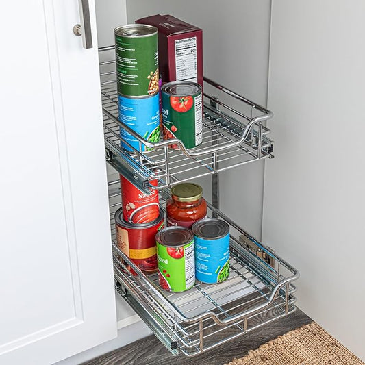 Household Essentials Glidez Slide Out Cabinet Organizer, 11.5” Wide, Durable Chrome-Plated Steel Frame,Dual Baskets & Smooth Glides,Heavy-Duty & Space-Optimizing,Simple Assembly & Installation, Chrome