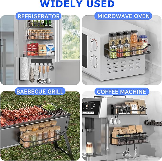 Magnetic Spice Rack for Refrigerator, 5 Pack Metal Strong Magnetic Shelf for Oven，Moveable Spice Organizer with Paper Towel Holder and Metal Hooks, Fridge Organizers and Kitchen Storage (Black)