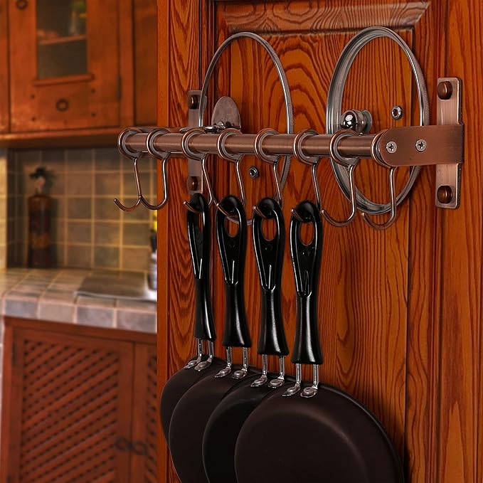 Dseap Kitchen Untentil Rail with 8 Hooks,Hanging Rack for Pots and Pans, Plants, Double Bars, Wall Mounted, Antique Copper, Pack of 2