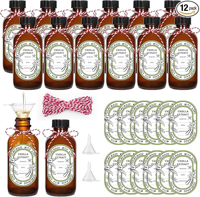 12 Pack 4 oz Vanilla Extract Bottles with Black Poly Cone Caps and 12 Pcs Vanilla Extract Stickers, 120ml Boston Round Sample Bottles for Homemade Vanilla Extract, Essential Oils, Herbal Medicine(4oz)