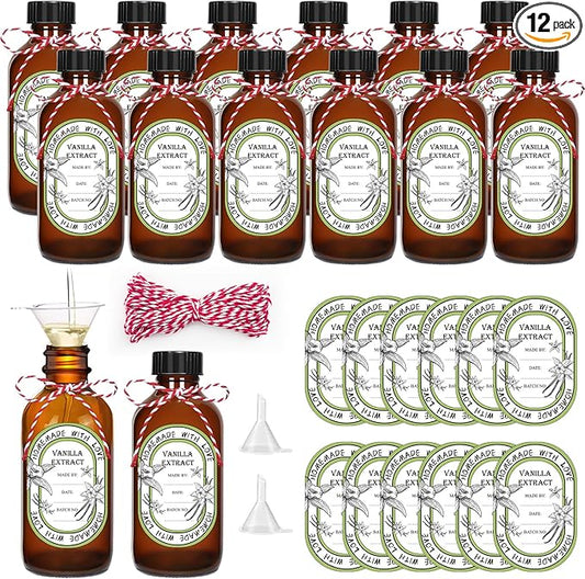 12 Pack 4 oz Vanilla Extract Bottles with Black Poly Cone Caps and 12 Pcs Vanilla Extract Stickers, 120ml Boston Round Sample Bottles for Homemade Vanilla Extract, Essential Oils, Herbal Medicine(4oz)
