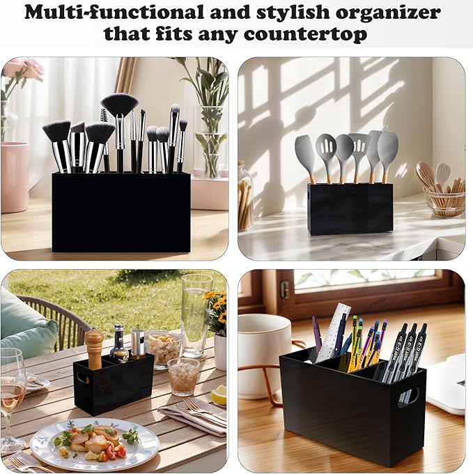 Acrylic Silverware Caddy Countertop, 3-Compartment Flatware Holder, Plasticware Fork Spoon Knife Organizer, Cutlery Caddy with Handles, Utensil Holder for Party Buffet Dining Room