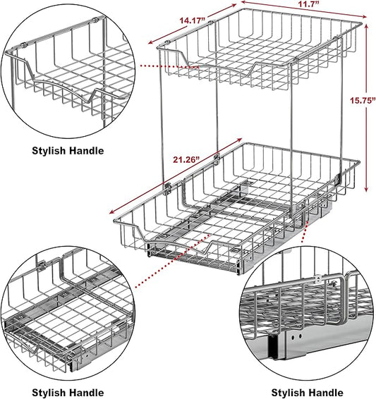 Simple Houseware 2-Tier (L+L) Organizer Pull Out Under Cabinet Sliding Shelf, Chrome