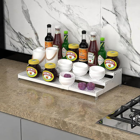 Spice Rack Organizer for Cabinet, 3 Tier Expandable Shelf, Great for Kitchen Cabinets, Cupboard,Pantry and More,Metal Plate with Hole (2 Packs/White,9.45" D x 12.8"~24“L x 3.56" H)