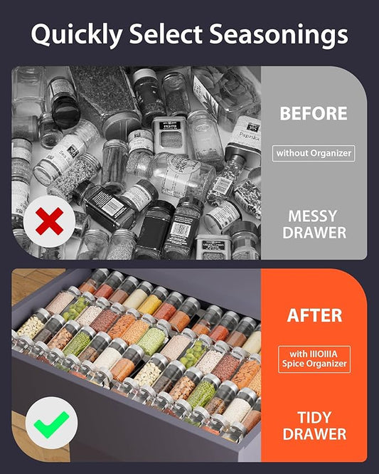 IIIOIIIA Upgrade Spice Organizer for Drawer, 8 Tier Stainless Steel Spice Rack Seasoning Rack Tray Insert for Kitchen Drawers/Cabinet (Jars not included), 12.84" Wide x 18.11" Deep, Black