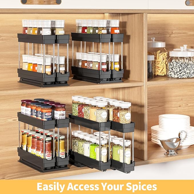 2 Pack Pull Out Spice Rack Organizer for Cabinet, Slide Out Seasoning Kitchen Organizer, Heavy Duty Spice Cabinet Organizers with Labels for Kitchen Pantry, 5.3" W x10.7 D x10 H, 4 Drawers, 2-Tier