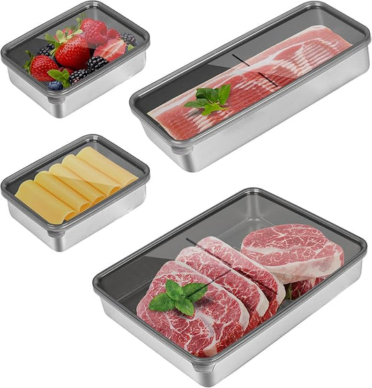 Bacon Container for Refrigerator, Bacon holder for refrigerator,Bacon Storage Container 304 Stainless Steel Sealed Food Storage Container with Clear Lid and Non-Slip Bottom,Deli Containers,4-Box Set