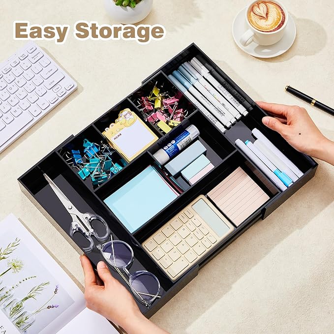 1 Pc Acrylic Desk Drawer Organizer Maximum Expandable Drawer Organizer Trays with 8 Adjustable Compartments Desk Accessories for Makeup Silverware Office Bathroom(Black,Classic)