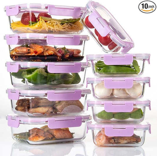 C CREST Airtight Food Storage Glass Containers with Locking Lids- 5 Large (32oz) and 5 Small (12oz), Leak-proof