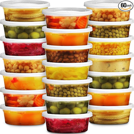 JoyServe Deli Food Containers with Lids - 8 oz 60 Sets- Ideal for Food, Snacks, Takeout, Meal Prep - 1 Cup Small Durable Clear Containers for Food - Stackable and Durable, Dishwasher & Microwave Safe