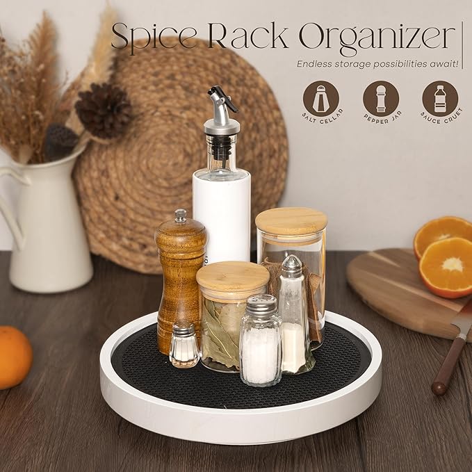 Non-Skid Wood Lazy Susan Organizer Turntable for Home Decor – Stylish 10.5" Lazy Susan Turntable for Cabinet, Pantry & Coffee Table - Great for Bathroom Organizers and Storage (White)
