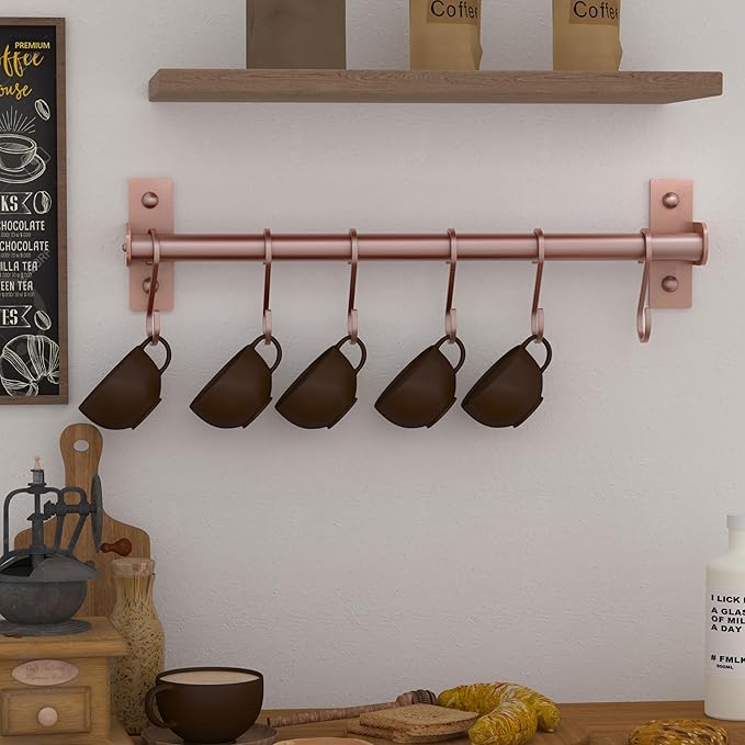 Dseap Kitchen Utensil Holder Hanger, Pot and Pan Rack Wall Mounted, Kitchen Rail with 8 Hooks for Hanging Cooking Utensils, Mugs, Spoons, Wall Mounted, Rose Gold, Pack of 2