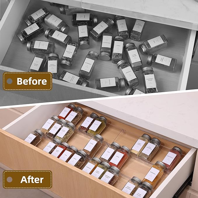 Acrylic Spice Drawer Organizer, 4 Tier- 2 Set Spice Rack Organizer for Cabinet Expandable From 13" to 26", Kitchen Seasoning Jars Drawers Insert Tray (Jars not included)