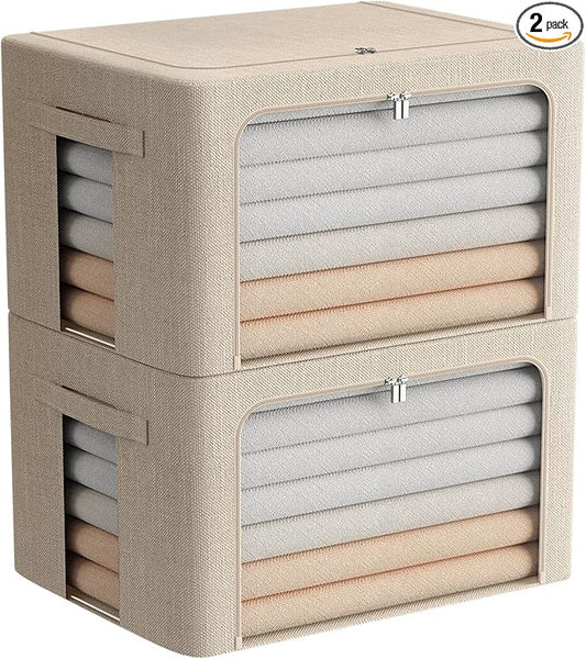 2 Pack Clear Window Storage Bins Foldable Fabric Storage Bins Boxes for Clothes Stackable Box Organizer Set with Carrying Handles (Beige, 22L,15.7x 11.8x 7.8 Inch)