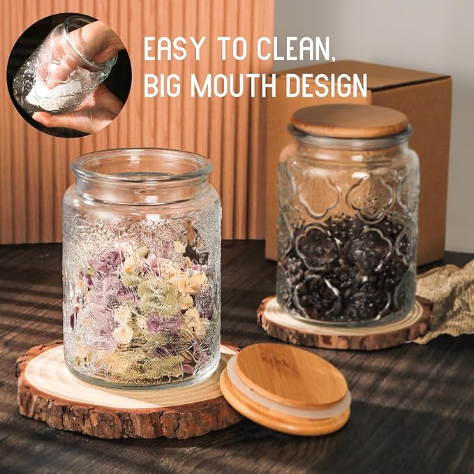 GUEQUITLEX Vintage Glass Jar with Lid, 24oz Food Storage Containers 2 Pack Clear Mason Jars With Airtight Lid for Kitchen Counter,Food Storage, Dry Food, Snacks, Candies, DIY Projects