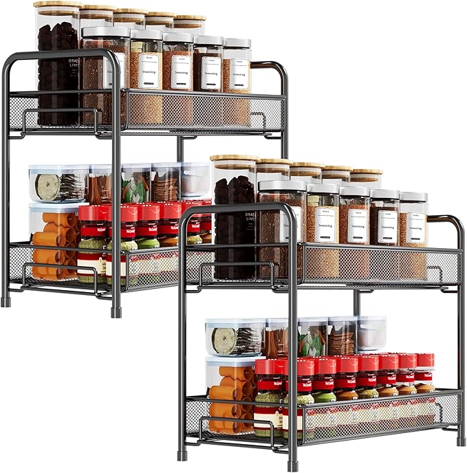 Spice Rack Organizer for Countertop 2 Pack, 2-Tier Counter Foldable Metal Standing Large Seasoning Storage Shelf for Kitchen Cabinet Bathroom Living Room Pantry Office, Black