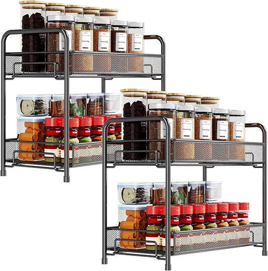 Spice Rack Organizer for Countertop 2 Pack, 2-Tier Counter Foldable Metal Standing Large Seasoning Storage Shelf for Kitchen Cabinet Bathroom Living Room Pantry Office, Black