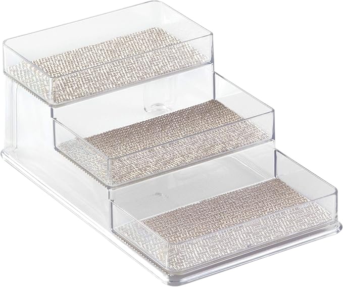 iDesign Twillo Plastic Stadium Spice Rack, 3-Tier Organizer for Kitchen Pantry, Cabinet, Countertops, Vanity, Office, Craft Room, 10.3" x 6" x 4", Metallico and Clear