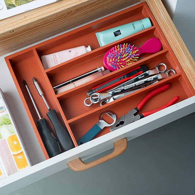 Silverware Organizer Bamboo Kitchen Drawer Organizer with 5 Slots Flatware Organizer Tray for Kitchen, Flatware, Utensils（Orange）