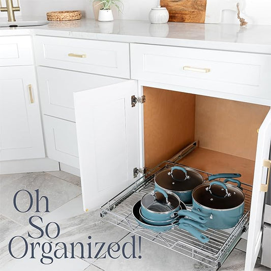 HOLDN’ STORAGE Pull Out Cabinet Organizer, Heavy Duty Caddy w/Lifetime Limited Warranty - 28”W x 21”D - Requires At Least 29-1/4” Cabinet Opening, Steel Metal Cabinet Drawers Slide Out, Chrome