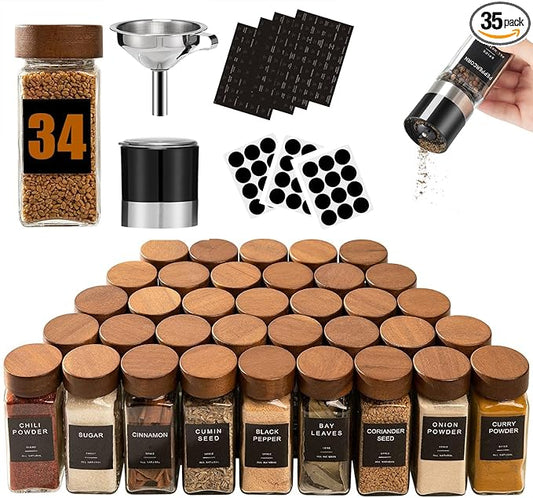 Yangbaga Glass Spice Jars with Labels: 34p 4oz Wide Mouth Square Bottle w/Pepper Grinder&Funnel - Airtight Wood Lid & Dishwasher Safe - Home Kitchen Pantry Daily Use - Gift for Newlyweds/Households