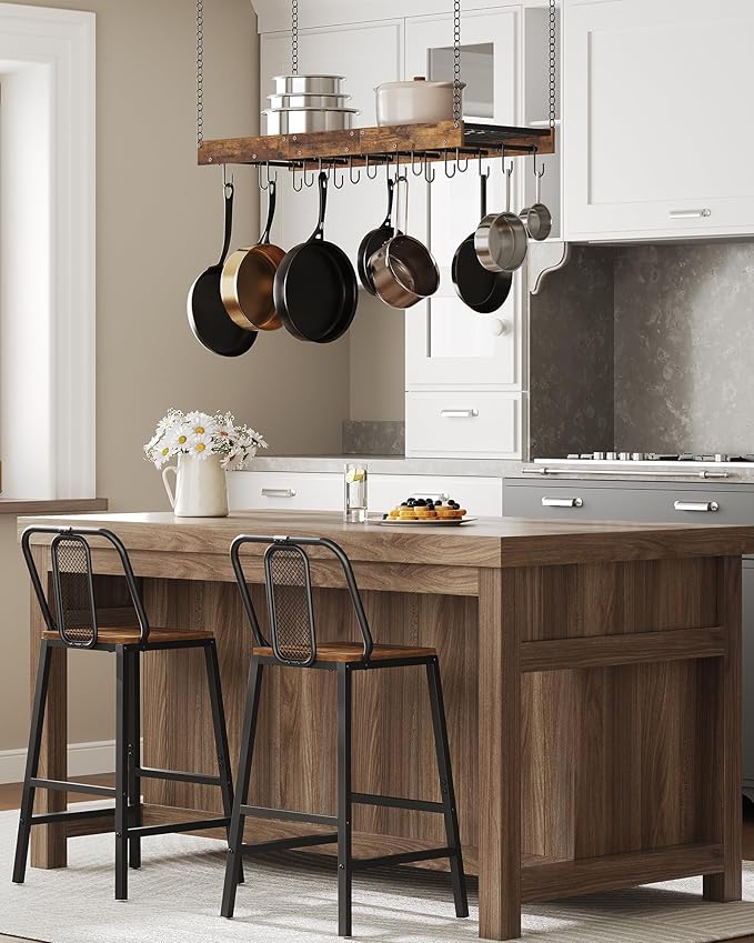 Hanging Pot Rack, Ceiling Wall Mounted Pot Rack for Kitchen, Industrial Style Pot Hanger with 18 Hooks, Cookware Storage Organizer, for Pots and Pans, Rustic Brown and Black TPR12BFC1