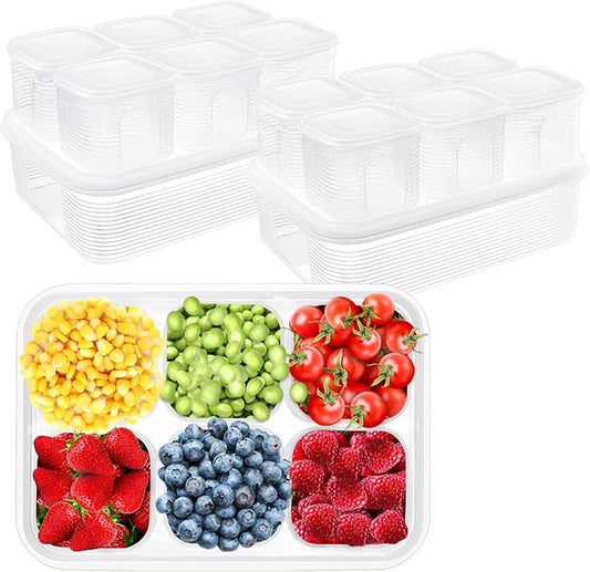 Rtteri 2 Sets Salad Bar Containers for Fridge Food Storage Containers with Airtight Lids Divided Pizza Salad Storage Include 6 Pcs Removable Reusable Box No BPA