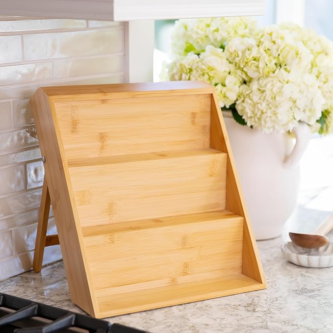 Extra Sturdy 3-Tier Bamboo Spice Rack – 12" W x 10" D x 13" H – Foldable Non-Slip Wooden Spice Organizer for Countertop, Cabinet & Drawer – Includes Labels, Funnel & Hooks