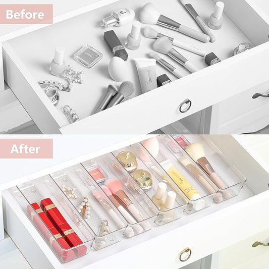 ihomecooker 6 Set Clear Plastic Junk Drawer Organizer Vanity Curlery Utensil Makeups Organizer for Kitchen 9''X 3''