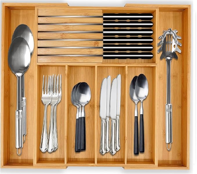 Bamboo Silverware Cutlery Drawer Organizer with Knife Blocks -Expandable Drawer Organizer with Dividers for Kitchen Utensil & Flatware Organizer (7 Slots)