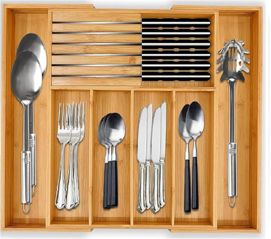 Bamboo Silverware Cutlery Drawer Organizer with Knife Blocks -Expandable Drawer Organizer with Dividers for Kitchen Utensil & Flatware Organizer (7 Slots)