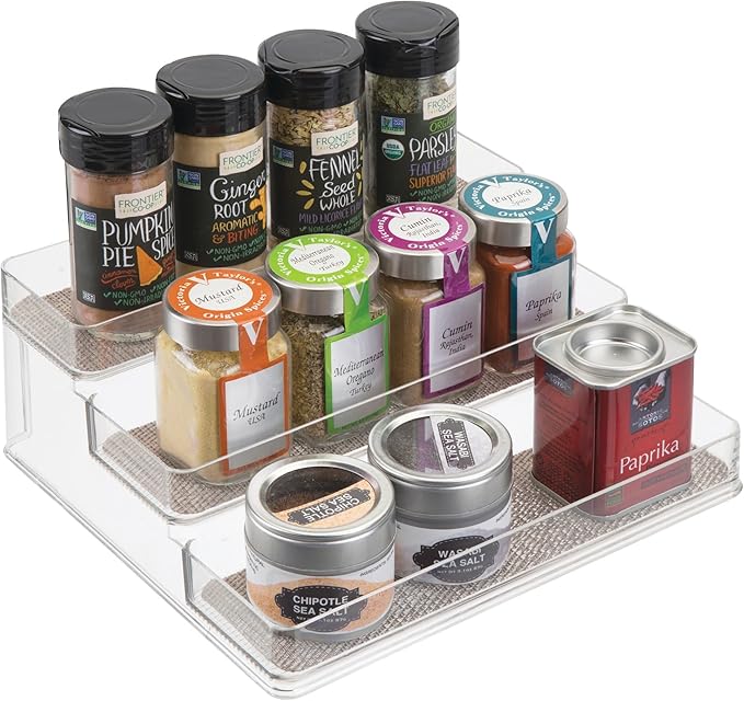 iDesign Twillo Plastic Stadium Spice Rack, 3-Tier Organizer for Kitchen Pantry, Cabinet, Countertops, Vanity, Office, Craft Room, 9.2" x 10" x 4", Metallico and Clear