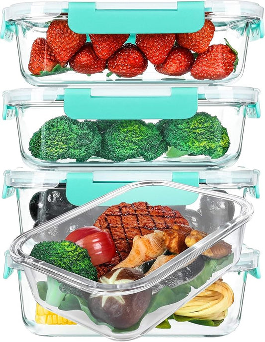 M MCIRCO [5-Packs, 36 Oz.] Glass Meal Prep Containers with Locking Lids Glass Food Containers,Airtight Lunch Container,Microwave, Oven, Freezer and Dishwasher (4.5 Cup, Green)