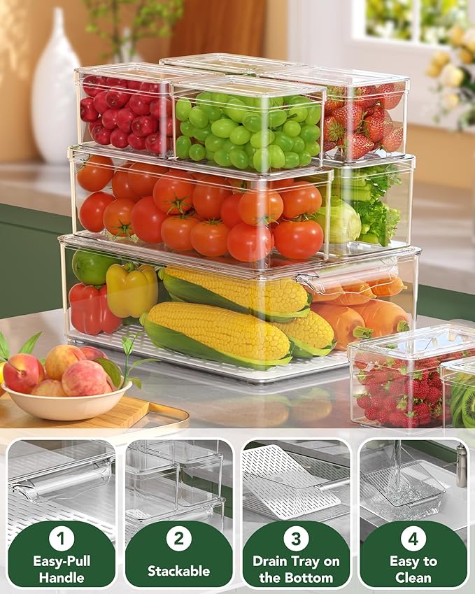 11 Pack Refrigerator Organizers and Storage, Stackable Fridge Organizer Bins, BPA-Free Clear Plastic Fruit Storage Containers for Fridge, Kitchen, Fruits, Drinks, Produce, Vegetable