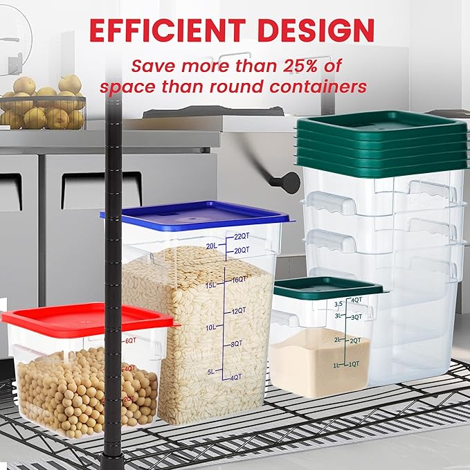 4 Pack Food Storage Containers, 6 Quart with Lids, Square Commercial Containers with Scale, NSF, Polycarbonate, Clear