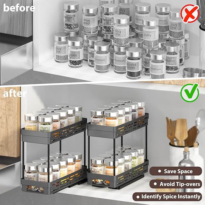 3 Packs Pull Out Spice Rack Organizer for Cabinet, Slide Out Spice Racks Organizer, Easy to Install Spice Cabinet Organizers, 4.33''Wx10.4''Dx8.5''H, Each Tier Hold 10 Spice Jars - 2 Tier